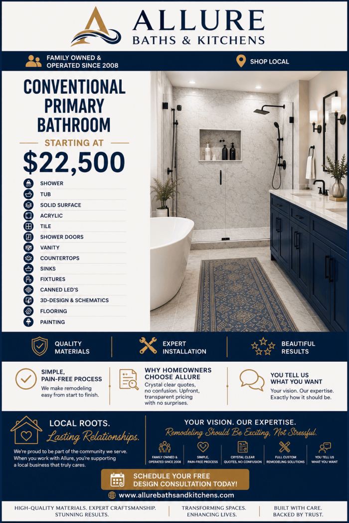 Conventional Primary Bathroom Remodels Starting At $22,500